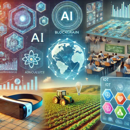 DALL·E 2025-01-22 23.51.12 - A visually appealing collage showcasing trending technologies for academic projects in 2025. The image includes_ 1) A holographic interface representi